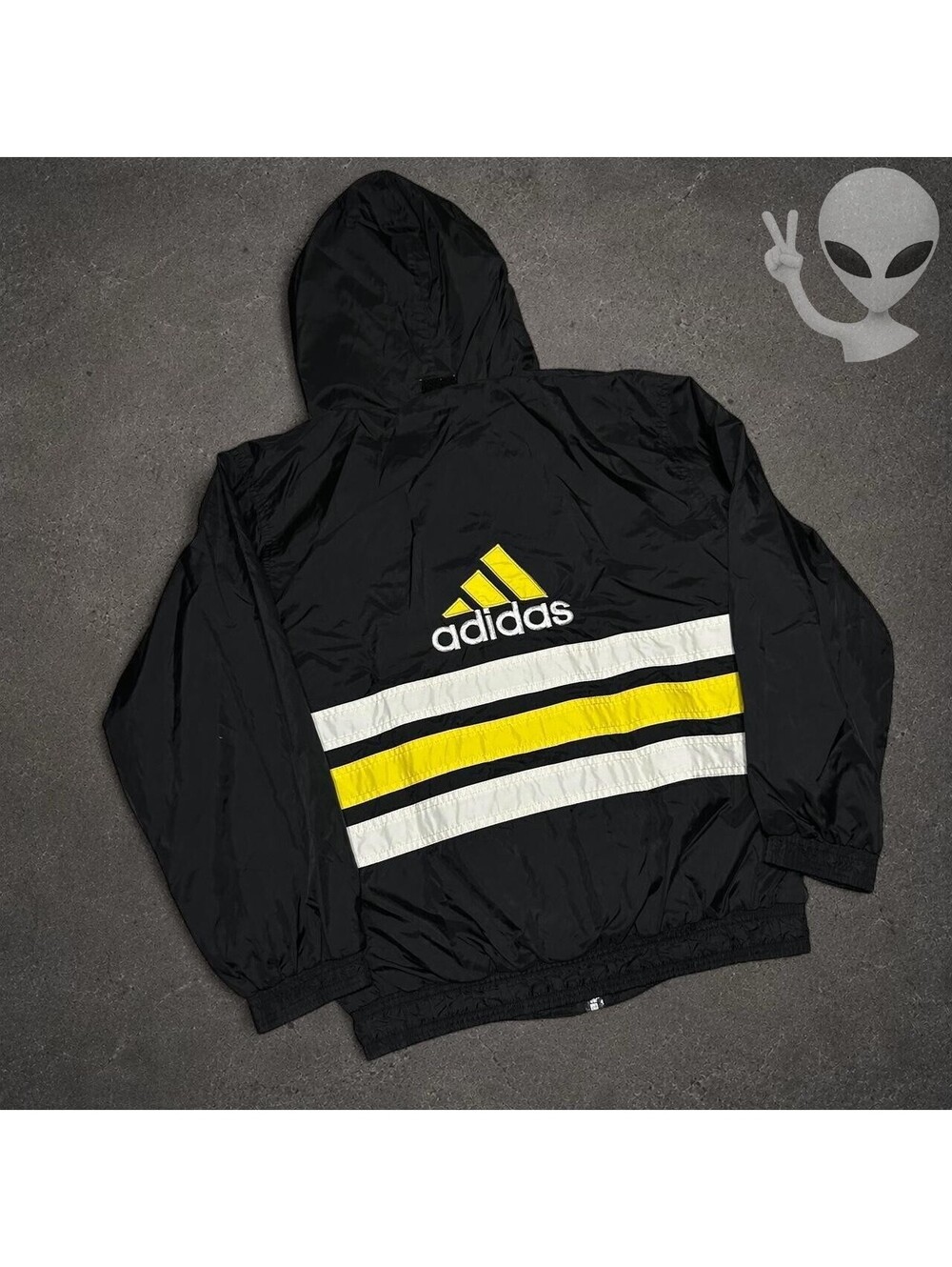 Vintage Adidas Hooded Windbreaker Jacket Mens XL Black Yellow Striped 90s